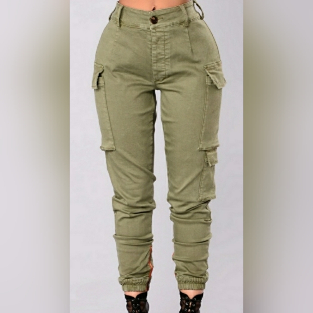 'Fashion Nova' Stretch Twill, Button Fly, Army Green Cargo [Jogger] Pant Size S